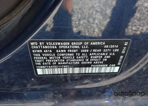 2014 Volkswagen Passat 1.8T Se из США, поврежденный, VIN 1VWBT7A37EC117367